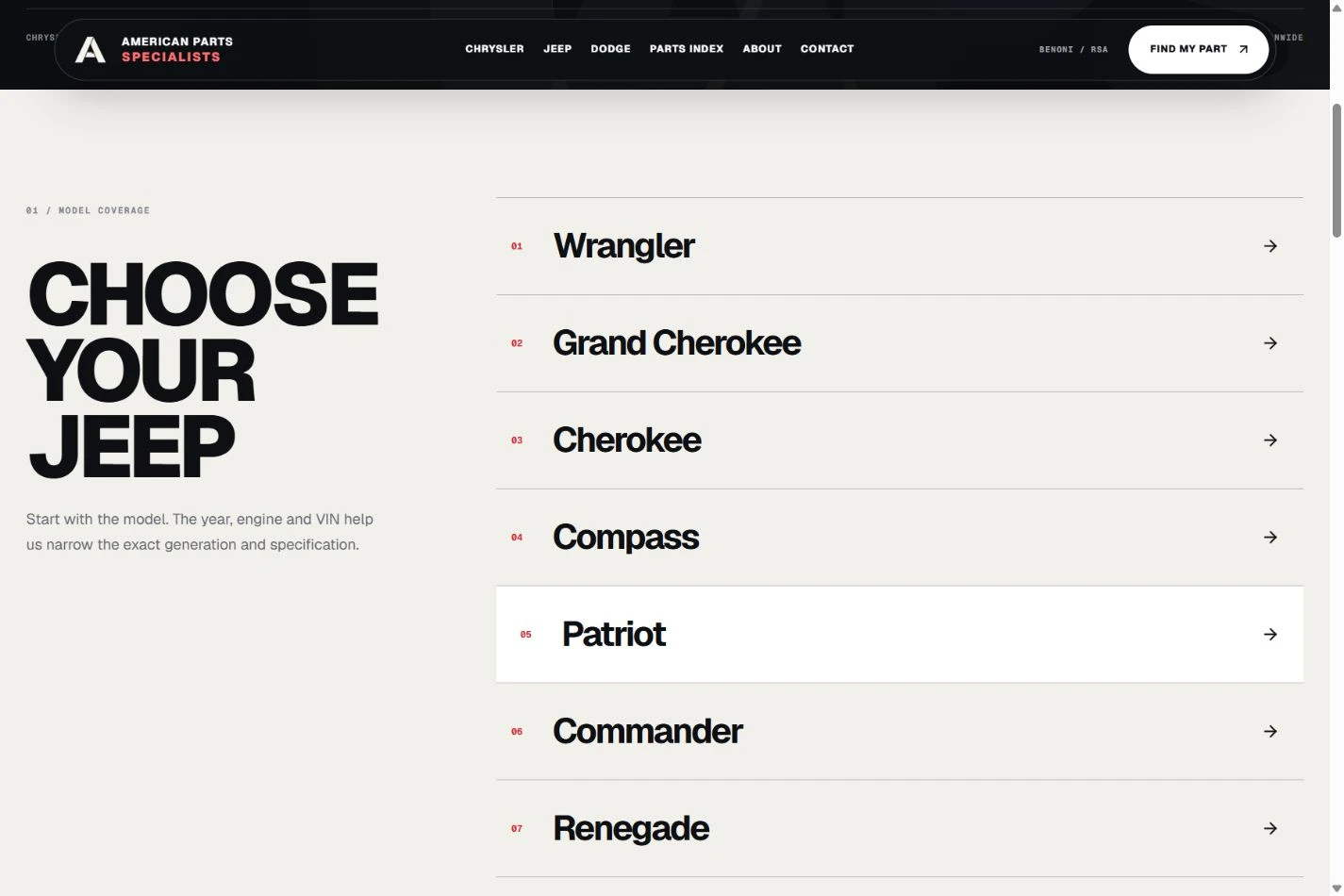 The live Jeep catalogue, organised into Wrangler, Grand Cherokee, Cherokee and other vehicle models.