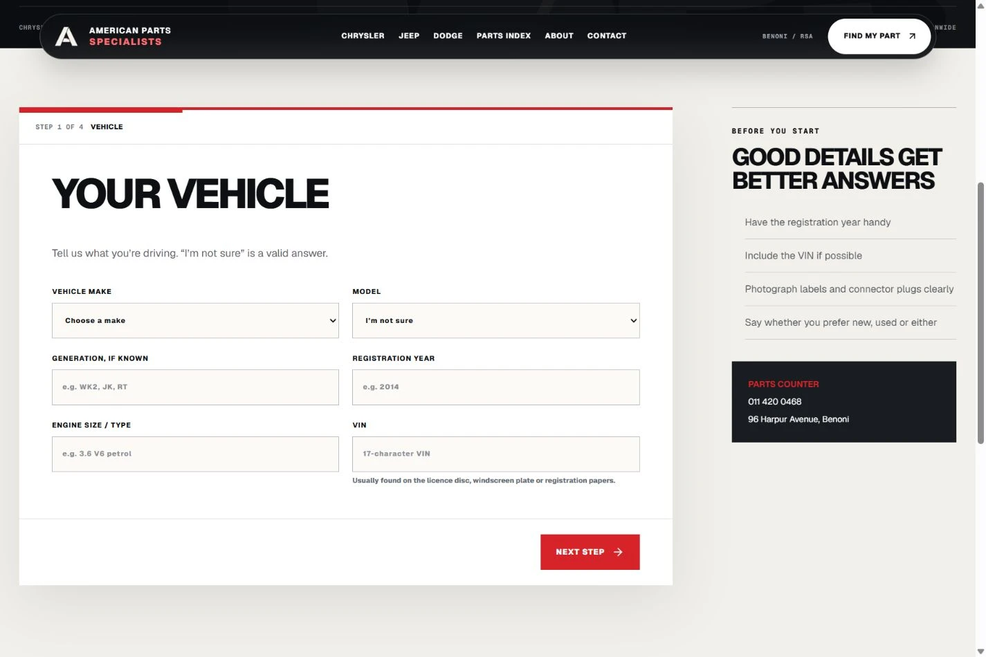 The first step of the APS enquiry form, collecting the vehicle make, model, year, engine and VIN.